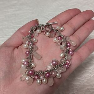 NWOT Sterling Silver Pearl and Crystal Breast Cancer Bracelet